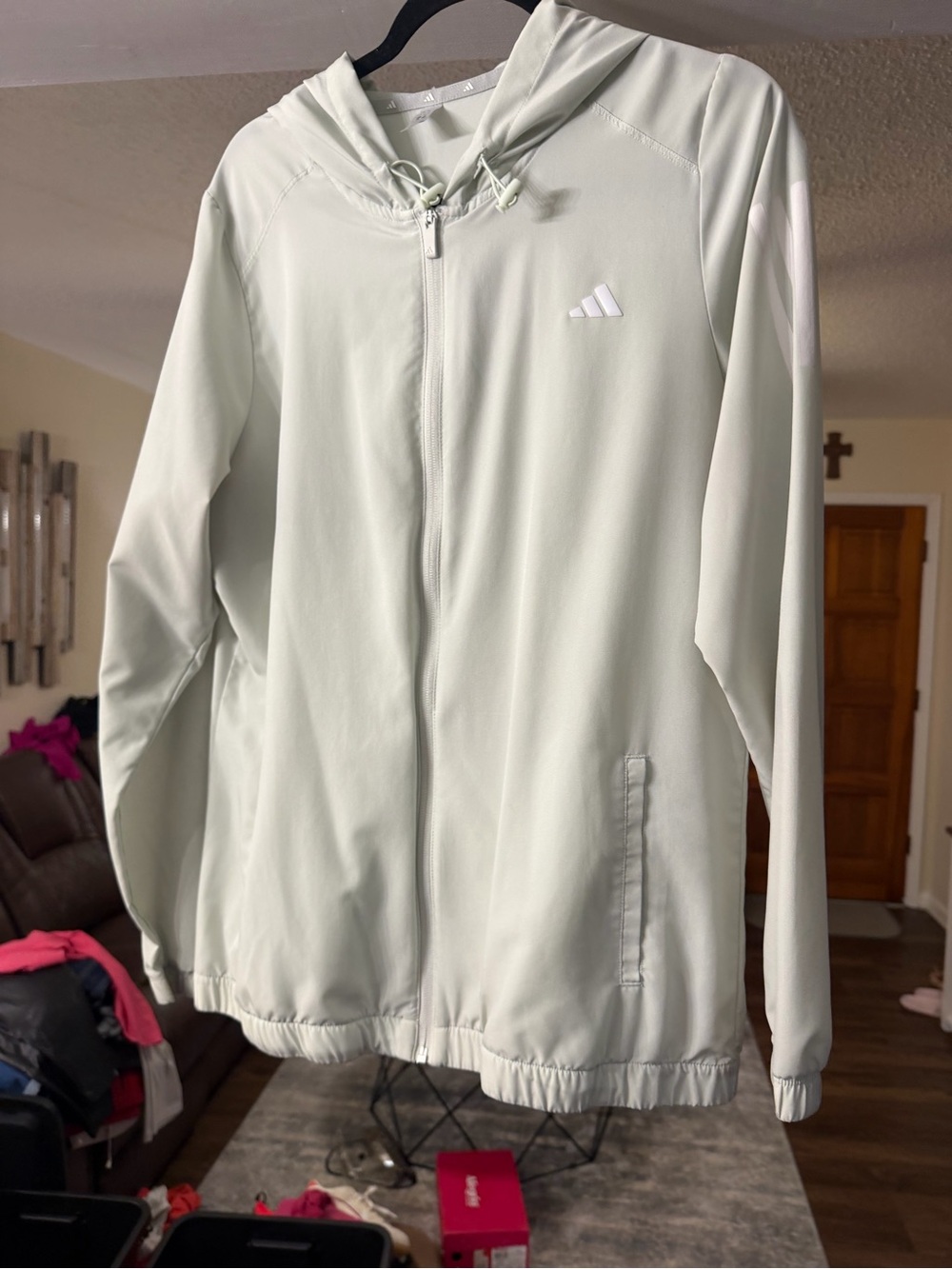 Adidas Women’s Light Sage Full Zip Hooded Windbreaker Jacket Size Large 🤍🌿